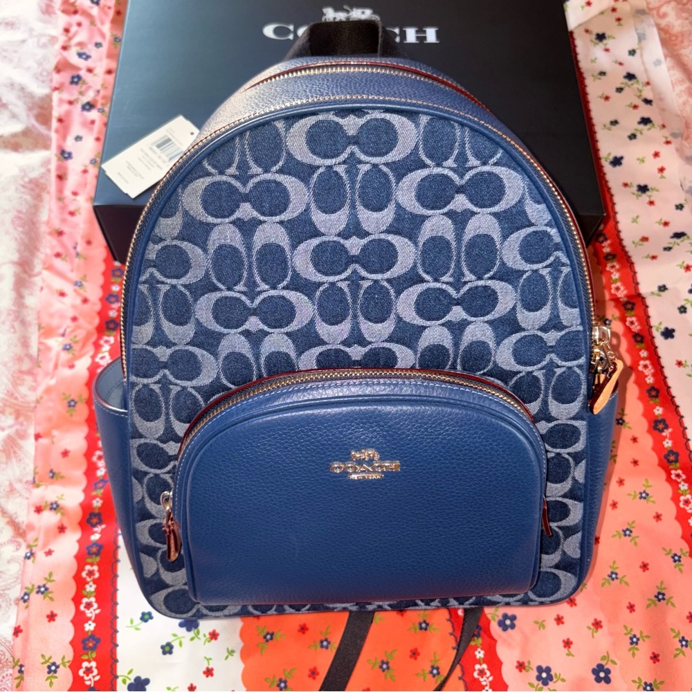 Coach Blue Signature Jacquard Mini Backpack with Pebble Leather Trim
